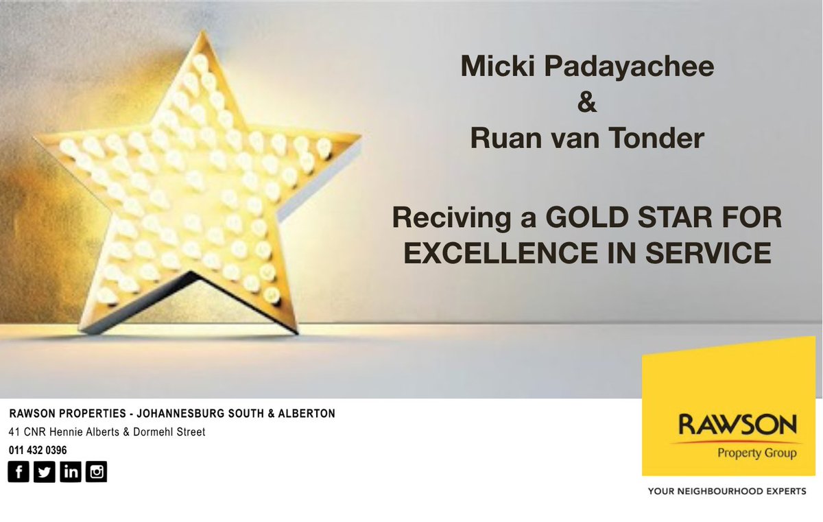 JhbRawson's tweet photo. One of the top awards in our industry is the GOLD STAR for excellence in service!!!
Please help us in recognising Micki Padayachee & Ruan van Tonder on this outstanding achievement #thewaybetterway
#rawsonproperty
#goldstar
#property
#service
#CustomerService https://t.co/Qq2UtN57cR