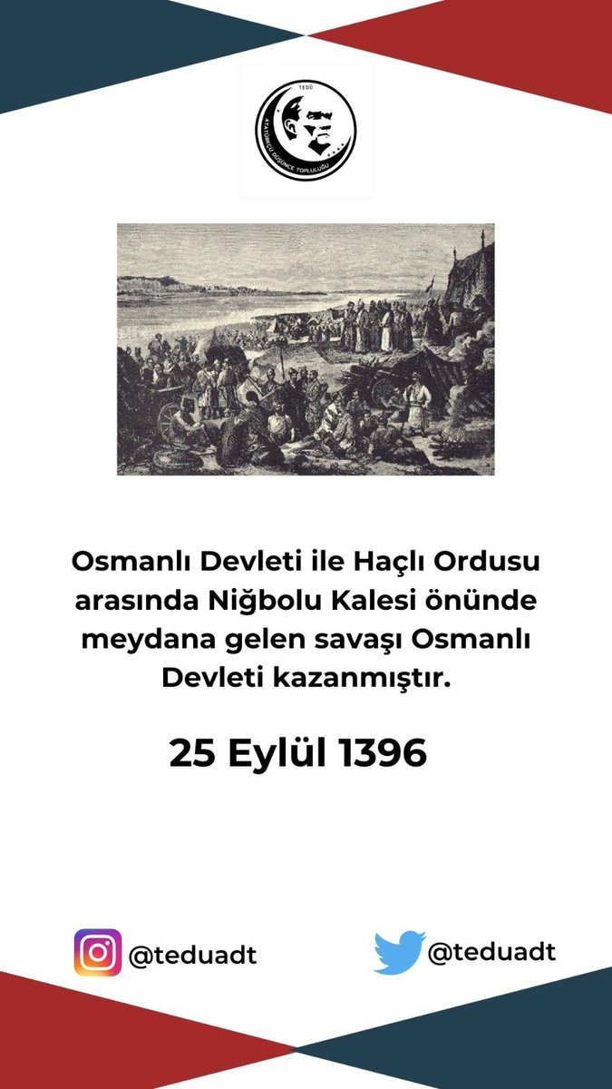 624 yıl önce bugün.
Yıldırım Bayezid komutasındaki Osmanlı Ordusu ile Haçlı Ordusu arasında, Niğbolu kalesi yakınlarında gerçekleşen Niğbolu Muharebesi Osmanlı zaferi ile sonuçlandı. #NiğboluZaferi @TED_Uni