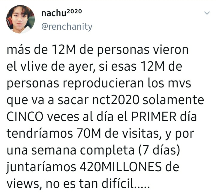 ne0back's tweet photo. "Mais de 12 milhões de pessoas viram o vlive,se essas 12 milhões de pessoas reproduzirem os mvs do nct 2020 apenas 5 vezes no primeiro dia,poderíamos conseguir 70 milhões de views,e em uma semana 420 milhões de views,não é tão difícil...." https://t.co/BSpjX1buFb
