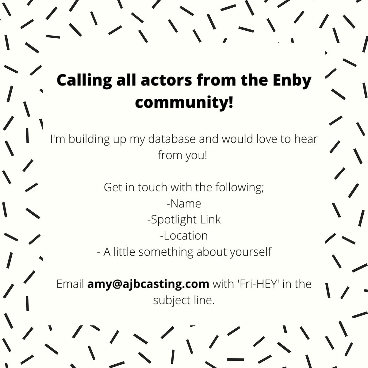 AJaneBlair's tweet photo. It's Fri-HEY already (🤯) & this week I want to hear from all the wonderful NB & GNC actors out there! I know you can't currently identify appropriately on Spotlight (hopefully that'll change soon🤞🏻) but drop me an email and I'll add you to my internal database 🙋🏻♀️❤️🌈 #Frihey https://t.co/BluUnIJael