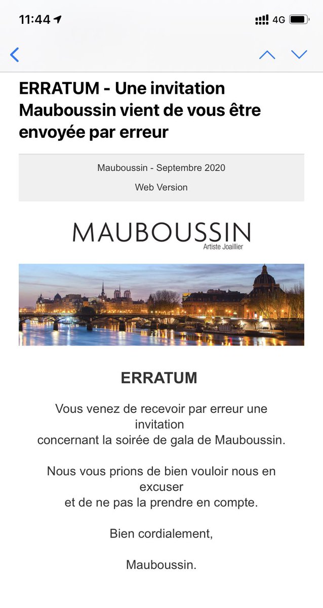 pierre_cayet's tweet photo. Quand @Mauboussin_Fr t’invite à une soirée de gala puis te renvoie un message dans les 10 minutes pour te dire que c’était une erreur... sympa l’image 😉 @alainnemarq https://t.co/kUX4bH4do5