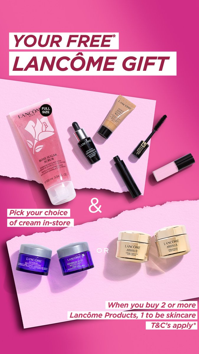 Leavys with Lancôme have an exclusive beauty gift waiting for you.
Simply purchase 2 Lancôme products, 1 to be skincare, and receive your complimentary gift containing a full-size Rose Sugar Scrub, a choice of either Renergie or Absolue Day and Night travel size creams, plus more