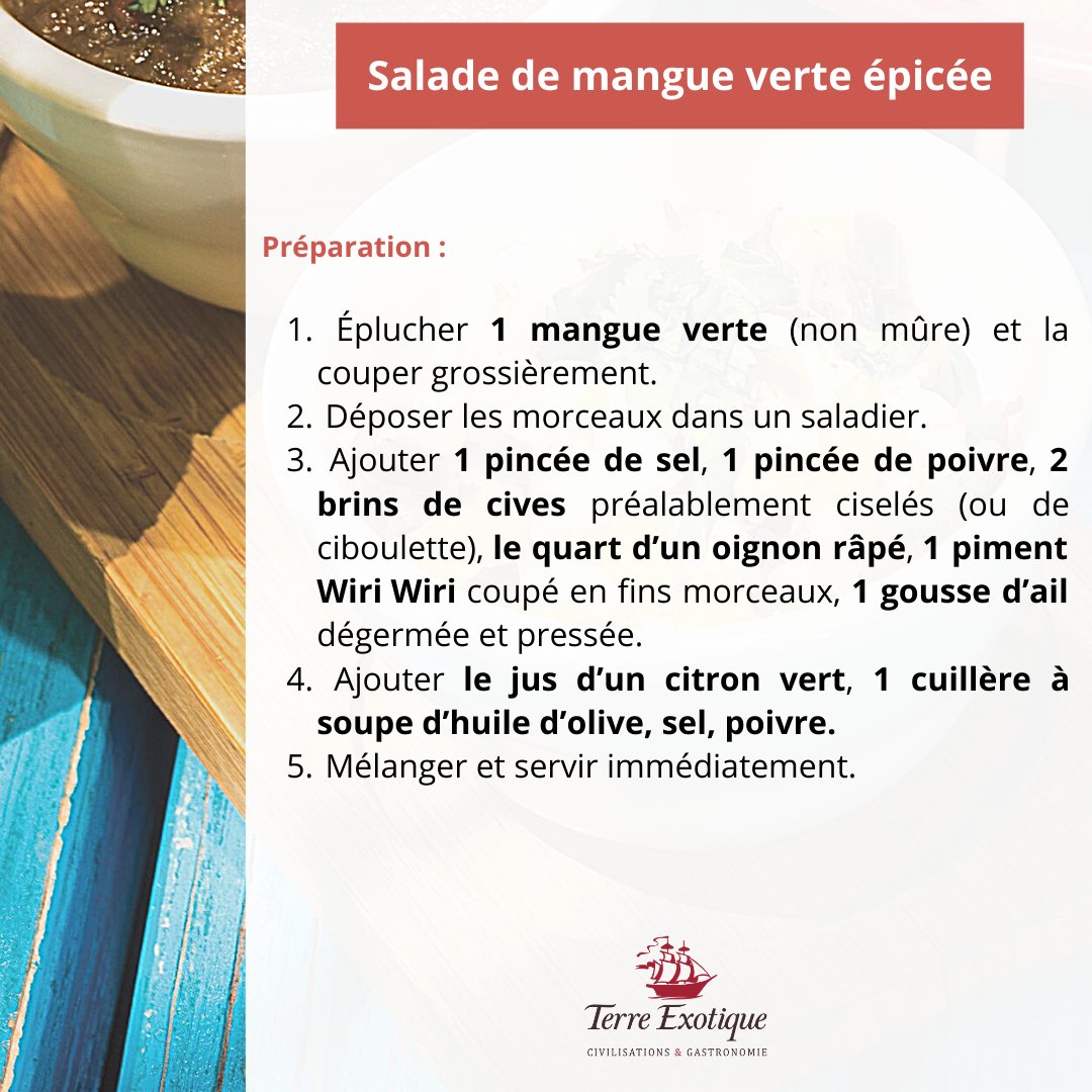 Inspiration culinaire du jour : Salade de mangue verte épicée façon Terre Exotique.
⁠
⁠
#inspirationculinaire #terreexotique #civilisations #gastronomie #lesrecettesterreexotique #piments #mango