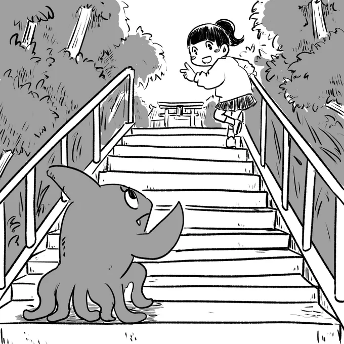 【お題】「階段で『グリコ』を楽しむ女の子とサメ」
名字なまえさん(@howattoyuaneemu )よりいただきました!足がタコならサメも歩けるらしいです。 