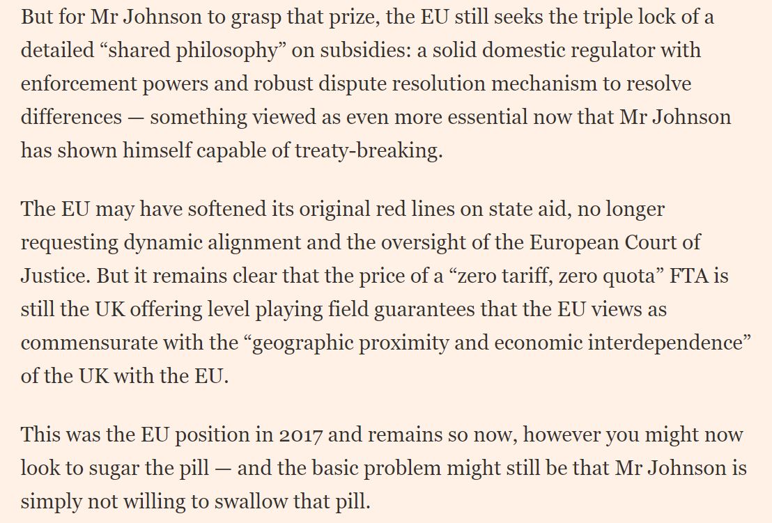 I've tried to set out the issue here in  @FT Brexit Briefing, but it comes down to fundamentally divergent vision of what is an acceptable price for a zero tariff/quota FTA - albeit a super-skinny one. EU and UK are on different paths, even planets /7 https://www.ft.com/content/fed5003b-703e-4c26-a6de-226ba32f746c