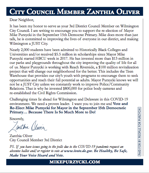Thank you, 3rd District Council Member Zanthia Oliver for your endorsement! "Mike does more than just talk, he is committed to improving the lives of everyone in our district, and making #WilmDE a JUST City." - Zanthia Oliver #MAYORMIKE2020