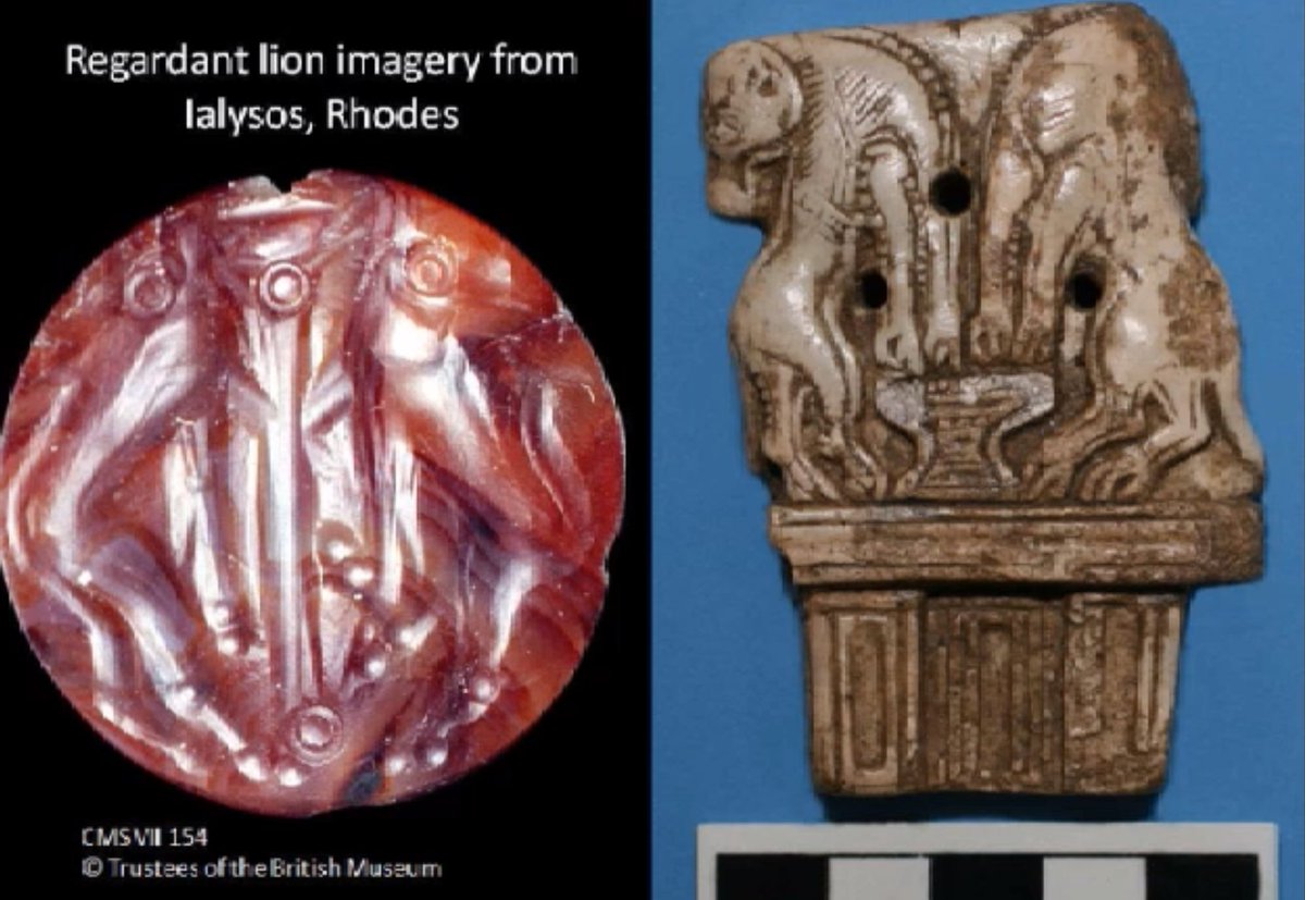 Not only are the drill marks and techniques similar, but the stone-cutting and laying of the conglomerate also mirror Anatolian gates. The relief and iconography itself, however, is distinctly Mycenaean, see the following comparanda predating the relief.