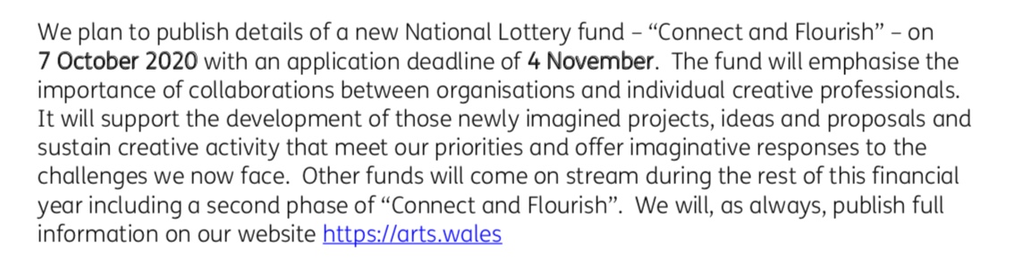 laurahd's tweet photo. NEWS: a new scheme and the reopening of Lottery from ACW (@Arts_Wales_). Understand that further details will follow next week. #ProducersPlace https://t.co/1TmmTULNIy