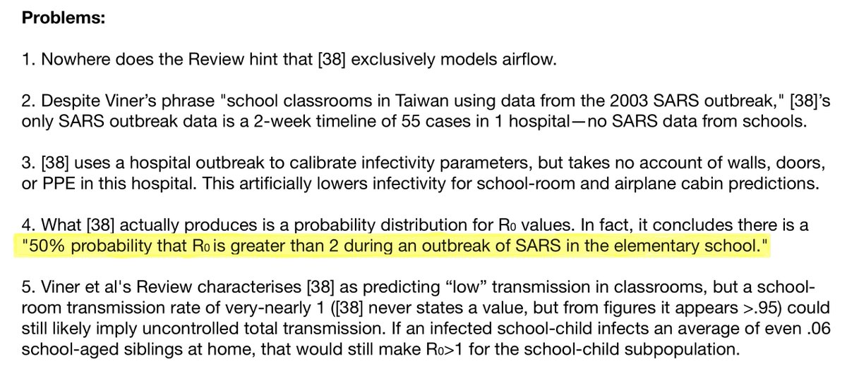 6th [38] is an airflow-modelling study predicting infection rate by droplets from 1 SARS-contagious person in a hospital, school room, or airplane, distinguished only by ventilation +occupancy rates.More relevant than prior SARS studies, but still has problems (see inset). 13/