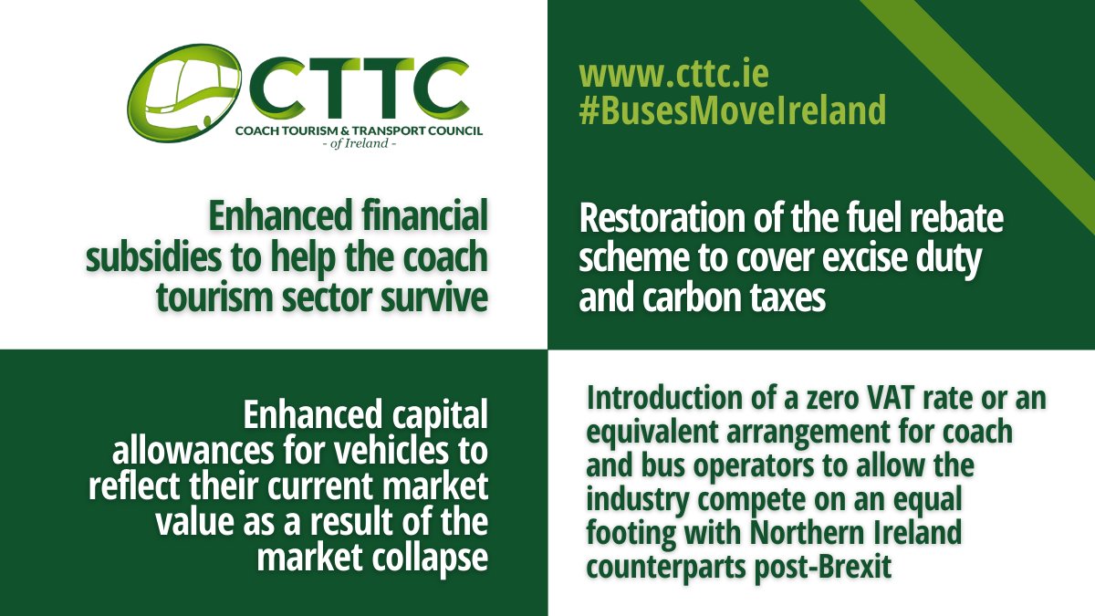 Private bus and coach operators need the following #Budget2021 supports to survive, thrive and provide sustainable transport solutions into the future

<a href="/Paschald/">Paschal Donohoe</a> <a href="/mmcgrathtd/">mmcgrathtd</a> <a href="/MichealMartinTD/">Micheál Martin</a> <a href="/LeoVaradkar/">Leo Varadkar</a> <a href="/EamonRyan/">Eamon Ryan</a> <a href="/cathmartingreen/">Catherine Martin</a> 

#BusesMoveIreland #ParkedUp