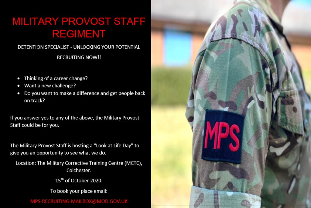 @MpsRegiment are hosting a ‘Look at Life Day’ at Military Corrective Training Centre for any serving Cpl or above. Do you want to make a difference and get people back on track? Think about it. 
 
#UnlockingYourPotential #CareersThatMatter #StrongBondsSharedValues