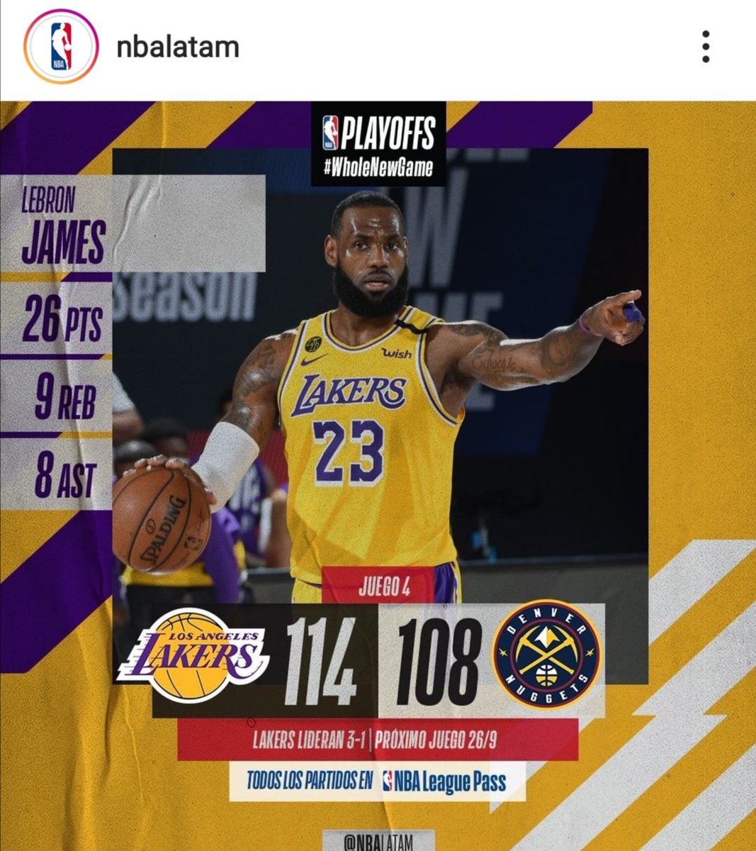 3-1 la serie de final de conferencia Oeste a favor de los Ángeles.
Los <a href="/Lakers/">Los Angeles Lakers</a> deben entrar en pánico? <a href="/nuggets/">Denver Nuggets</a> vienen de ganar sus series anteriores, <a href="/utahjazz/">Utah Jazz</a> y <a href="/LAClippers/">LA Clippers</a> estando justamente abajo en la serie 1-3.