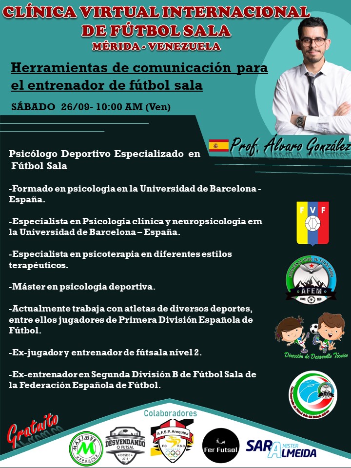alvaro_psico's tweet photo. El sábado 26/09 estaremos colaborando en clínic internacional de futsal online de Venezuela organizado por la Academia de Fútbol sala de Perú Arequipa. @fer_futsal Muy agradecido por ser invitado. https://t.co/o7NYXmqj6v