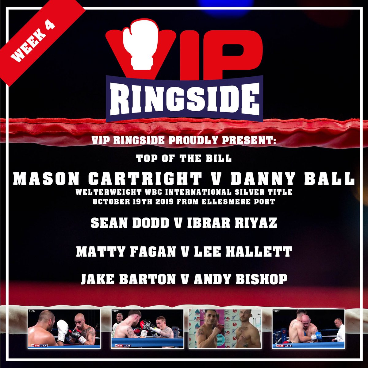 vipboxing's tweet photo. Week 4! Tomorrow night from 9pm - 11pm on Showcase TV (Sky Channel 192) - We will be rewinding another title top fight.

@masoncartwright v Danny Ball

Matty Fagan v Lee Hallett

@SeanMasher v Ibrar Riyaz

@jakebarton94  v Andy Bishop

Repeats aired on Sunday 11pm - 1am https://t.co/4b2Q8k3B3N