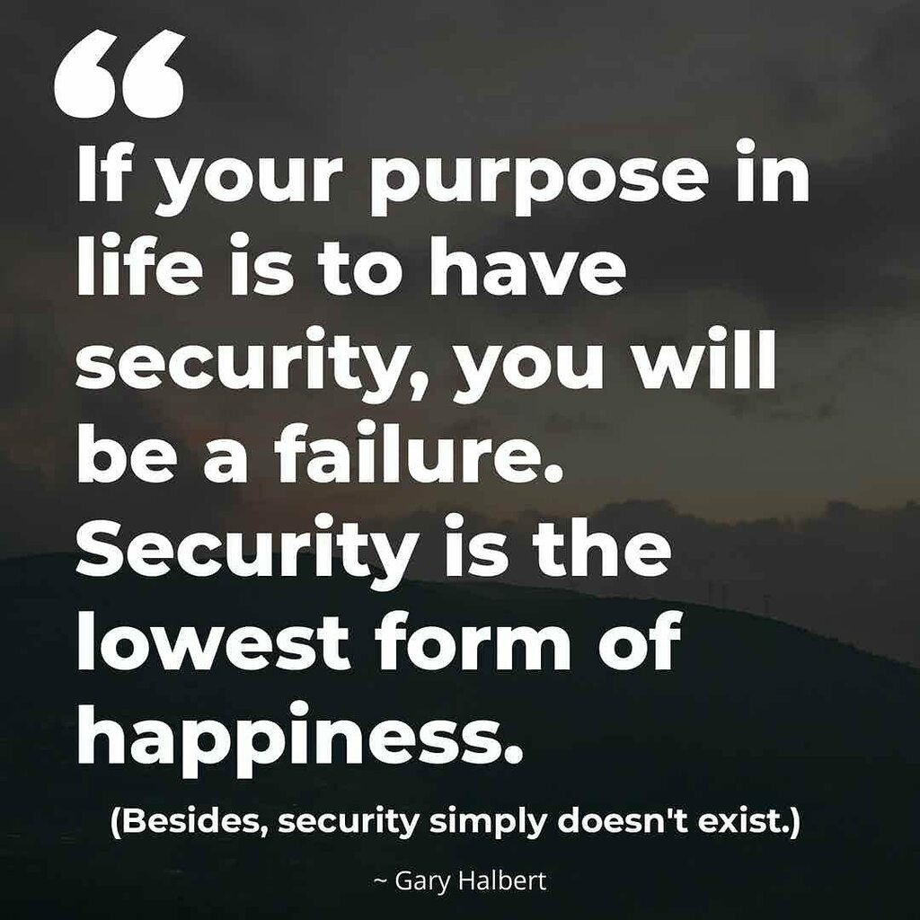 If your purpose in life is to have security, you will be a failure. Security is the lowest form of happiness. (Besides, security simply doesn't exist.) #copywriter #copywriter #copywriterlegend #happiness #love #security #lifepurpose #lifepurposecoach instagr.am/p/CFji38jD4av/