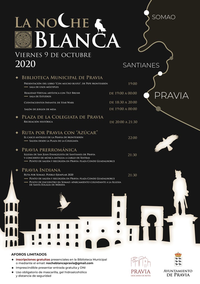 🌙 Noche Blanca de Pravia 2020 🌙
📅 9 de octubre

➡ Queremos agradecer al #AytodePravia la confianza depositada en #NimbyEventos para organizar esta nueva edición de la #NocheBlanca.

📲 Inscripciones gratuitas: nocheblancapravia@gmail.com

✅ Diseño: #KalendasProducciones