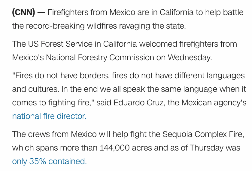 CherylMorrisW's tweet photo. ... have different languages and cultures. In the end, we all speak the same #language when it comes to fighting #fire," said Eduardo Cruz, the #Mexican agency's national fire director."
"The crews from Mexico 🇲🇽 will help fight the #SequoiaComplexFire, which spans more... https://t.co/wZxvb04mmk