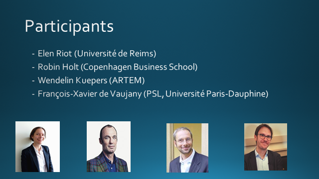 DauphineDpw's tweet photo. Do not miss panel II this afternoon at 1.30 PM: "Phenomenologies, post-phenomenologies and organization studies" with Elen Riot, Robin Holt, Wendelin Kuepers and François-Xavier de Vaujany #DPW2020 https://t.co/9nRP8vAsxm