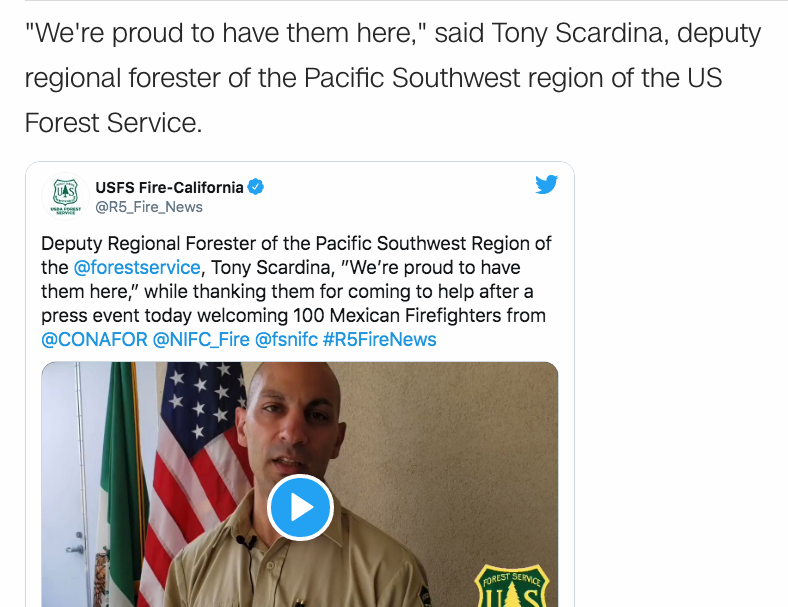 CherylMorrisW's tweet photo. ... have different languages and cultures. In the end, we all speak the same #language when it comes to fighting #fire," said Eduardo Cruz, the #Mexican agency's national fire director."
"The crews from Mexico 🇲🇽 will help fight the #SequoiaComplexFire, which spans more... https://t.co/wZxvb04mmk