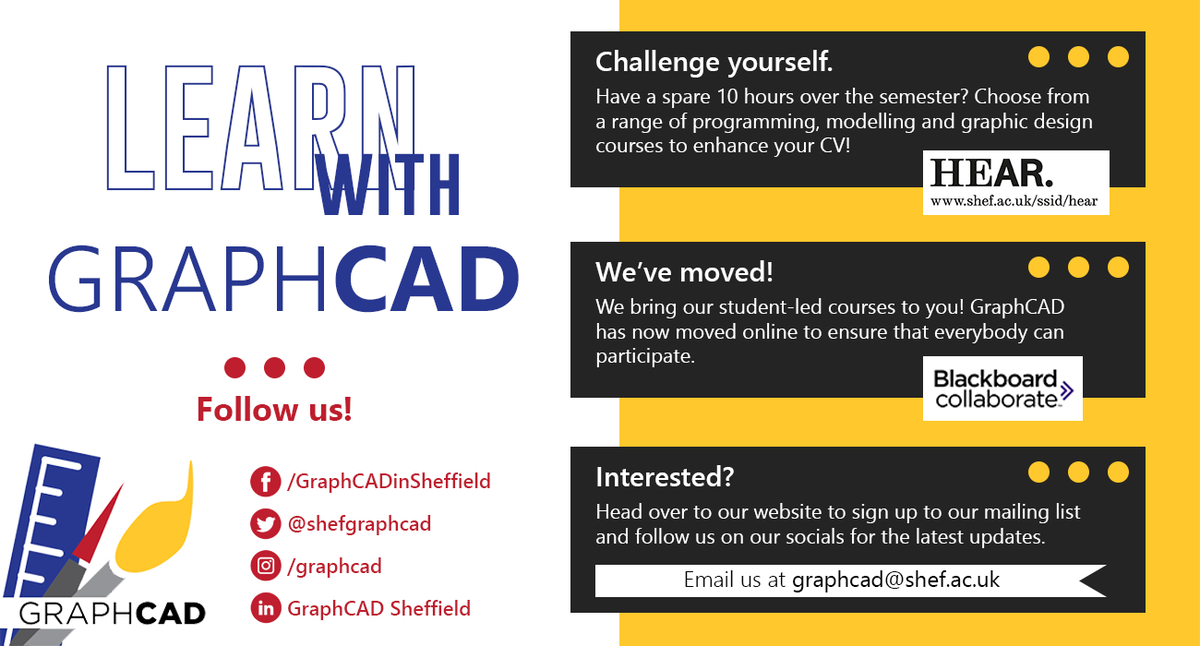 SheffGraphCAD's tweet photo. Interested in Computer Aided Design or Graphic Design? Visit our virtual SU stall today at:
https://t.co/tRAe1kAv7G
We've got info, what we're focusing on this year and you can live chat with us! 
You can also meet the committee at https://t.co/yYlGdOEXKS !
@SheffieldSU https://t.co/ng83OImHer