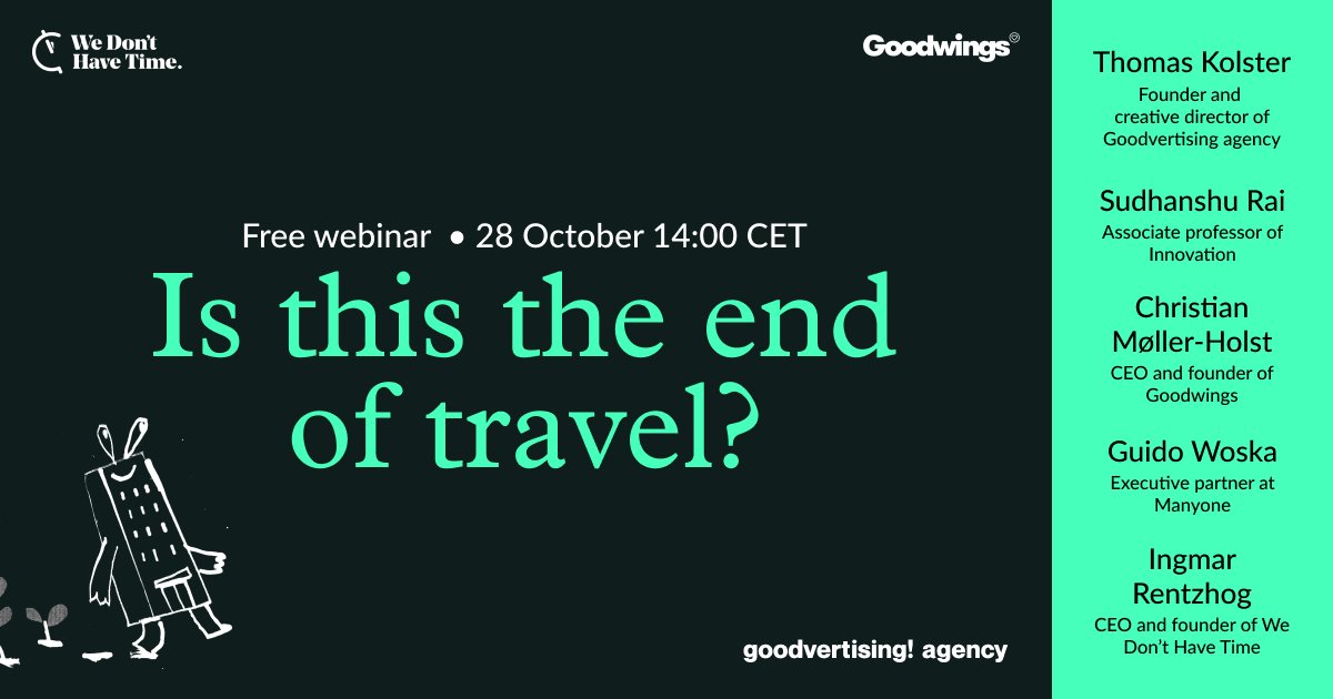 thomaskolster's tweet image. How do you envision the future of travel? And what’s going to happen to travel going forward? Sign-up to this free webinar - relevant for all travellers @GoodwingsTravel bit.ly/306aGTN
