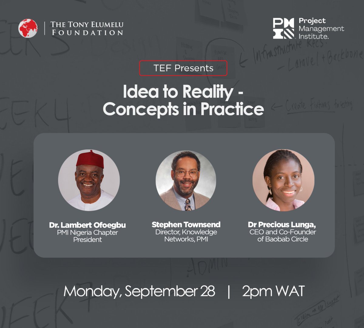 jubasuc1's tweet photo. The final #TEF - PMI Masterclass on the "Essentials of Project Management for a Successful Startup" will hold at 2 pm WAT on Monday under the topic: Idea to Reality: Concepts in Practice @TonyElumeluFDN @activista @EntrepreneursGB @EntreLeadership @business @BBCAfrica https://t.co/CQ9jhX2qiH