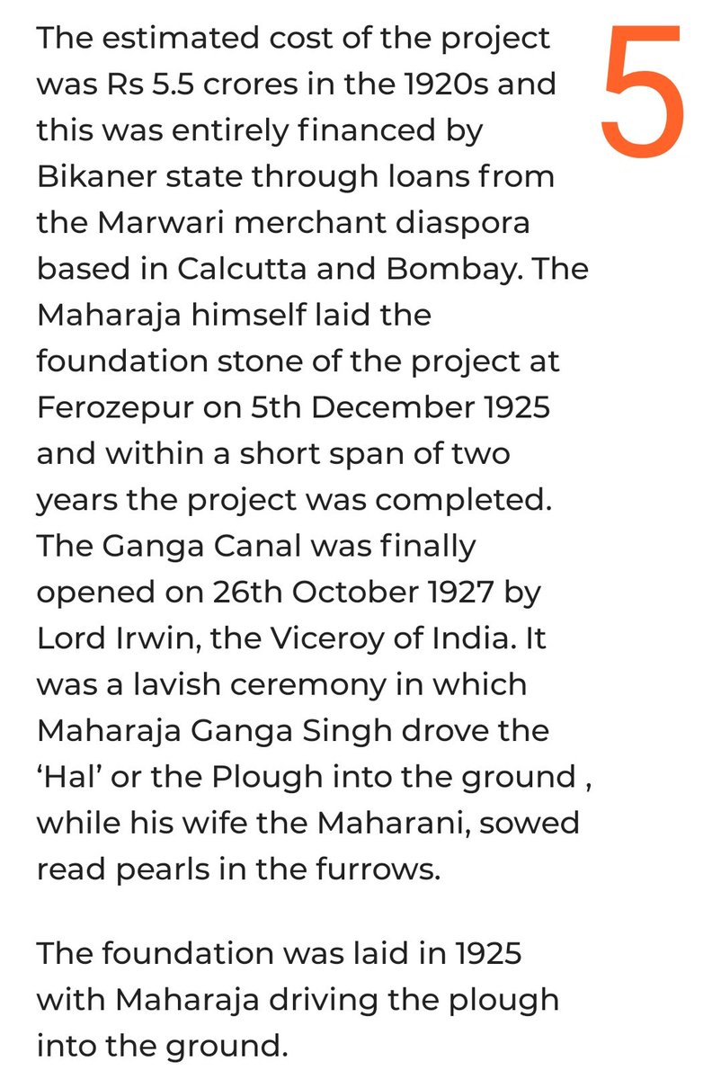 was inauguarated by Viceroy Curzon. Ganga singhji drove first Hal (plough) in the ground and Maharaniji sowed pearls in the furrow in opening ceremony. The canal changed the whole landscape of the area. New town of ganganagar was laid down and prosperity followed (13/n)