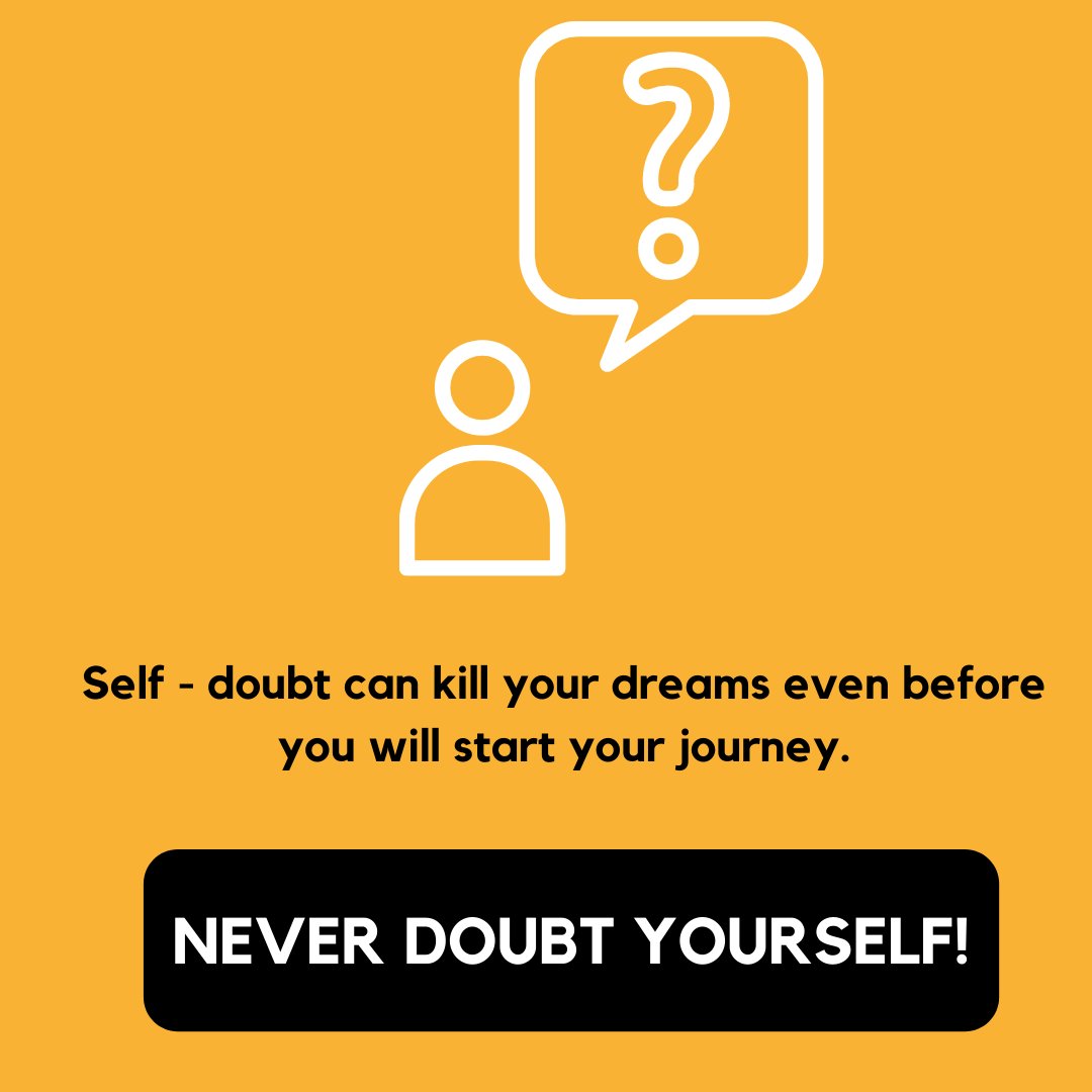 MasteryPremium's tweet photo. Self –doubt can kill your #dreams even before you will start your journey. But if you believe in your dreams and abilities, then you can achieve them even when the whole world is against you. You have to be passionate about your #vision in life.

NEVER DOUBT YOURSELF! https://t.co/sWlDScY6ZH