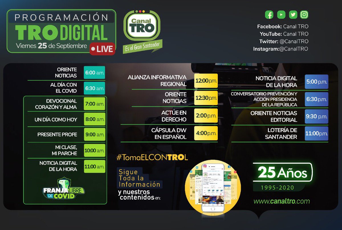 CanalTRO's tweet image. #FelizViernes 😊 Esta es nuestra #ProgramaciónDigital
✅🎥 Los invitamos a conectarse con nuestras plataformas hoy 25 de septiembre #TRODigital #SigueLoNuesTRO