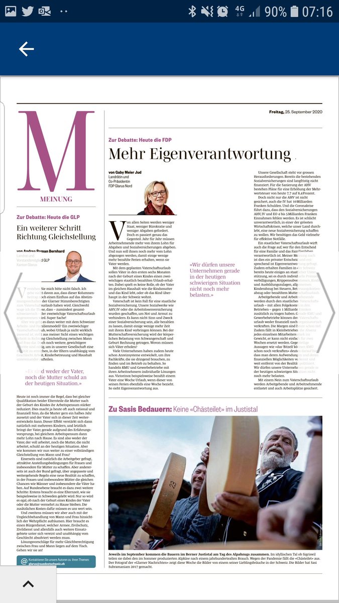 Heute in der <a href="/suedostschweiz/">Südostschweiz</a> Ausgabe Glarus: interessanter Perspektivenwechsel zwischen der glp Glarus und der <a href="/FDPGlarus/">FDP Glarus</a> zum Thema Vaterschaftsurlaub. Gleichstellung vs. Eigenverantwortung