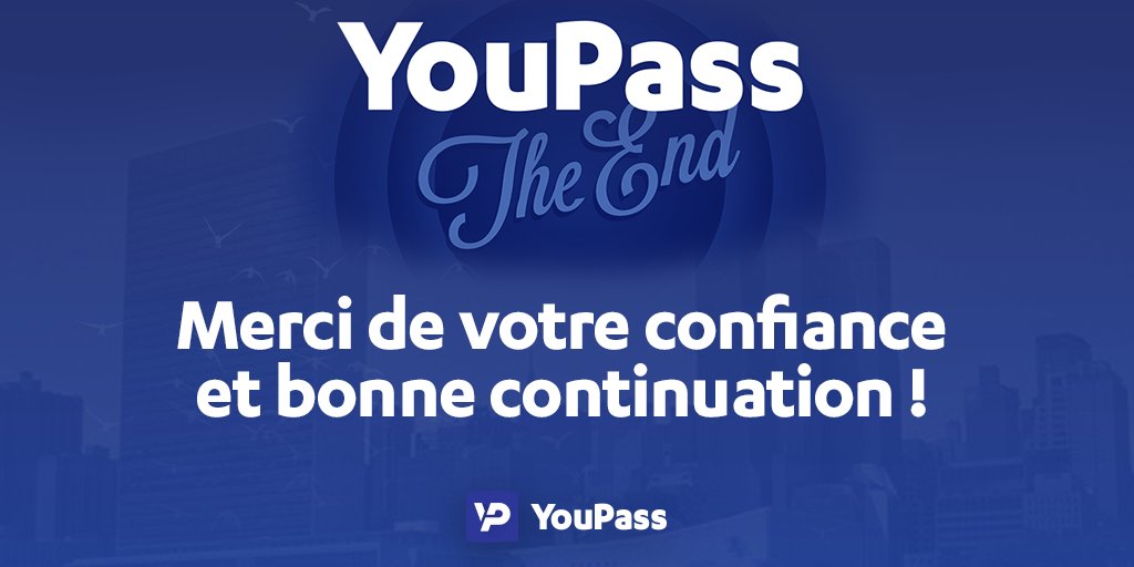Il est temps pour nous de vous dire adieu. Nous avons le regret de vous annoncer la fermeture de notre service. Mais rassurez-vous, votre argent 💶 est en sécurité et vous pouvez toujours le récupérer depuis votre compte YouPass.
➡ Pour en savoir plus : bit.ly/3j3Tkyh