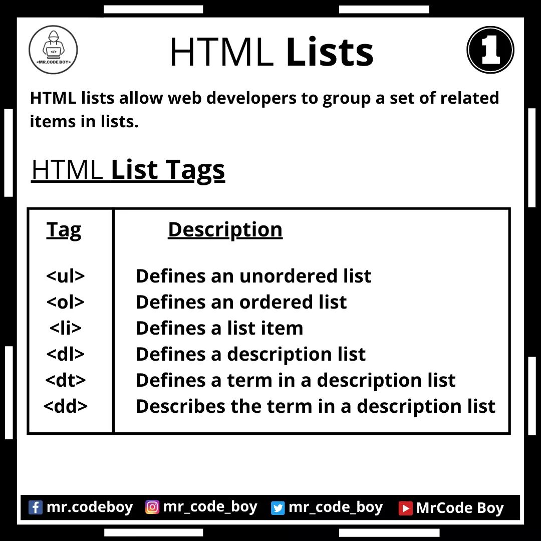 mr_code_boy's tweet image. HTML Part - 10 (Lists)

Like, Share, and Follow for more technical stuff.

YouTube - bit.ly/mrcodeboy
Facebook - facebook.com/mr.codeboy/
Instagram - instagram.com/mr_code_boy/
Twitter - 

#programming #coding  #python #developer #code #100DaysOfCode