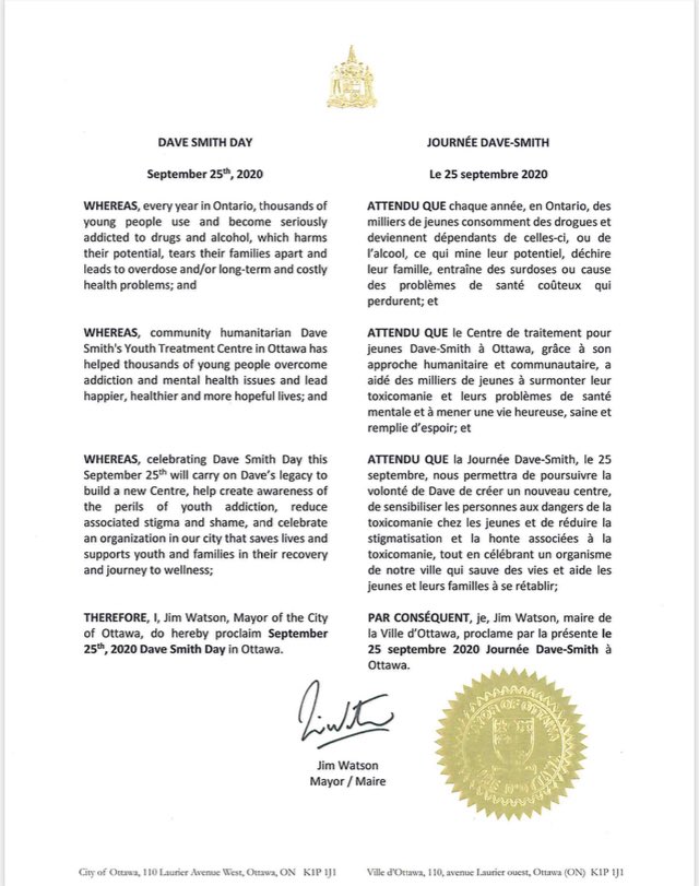 JimWatsonOttawa's tweet photo. Honouring Ottawa’s biggest champion by proclaiming September 25th as Dave Smith Day in Ottawa. We all miss him dearly. Please take a moment to think of him and his many contributions to our City. https://t.co/HGRej7x6K7