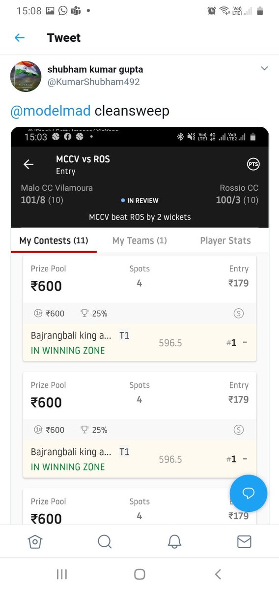 modelmad's tweet photo. Another Cleansweep for cricket matches. Back to back matches win. Join now for free:

Telegram link : https://t.co/K87477mjY8 https://t.co/cWjx6pk8pp