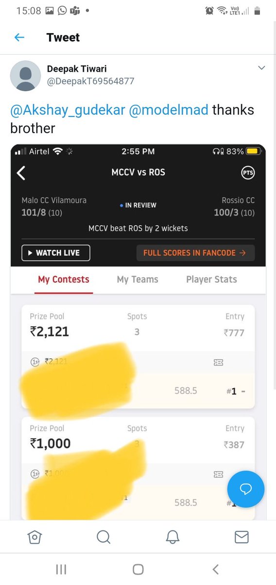 modelmad's tweet photo. Another Cleansweep for cricket matches. Back to back matches win. Join now for free:

Telegram link : https://t.co/K87477mjY8 https://t.co/cWjx6pk8pp