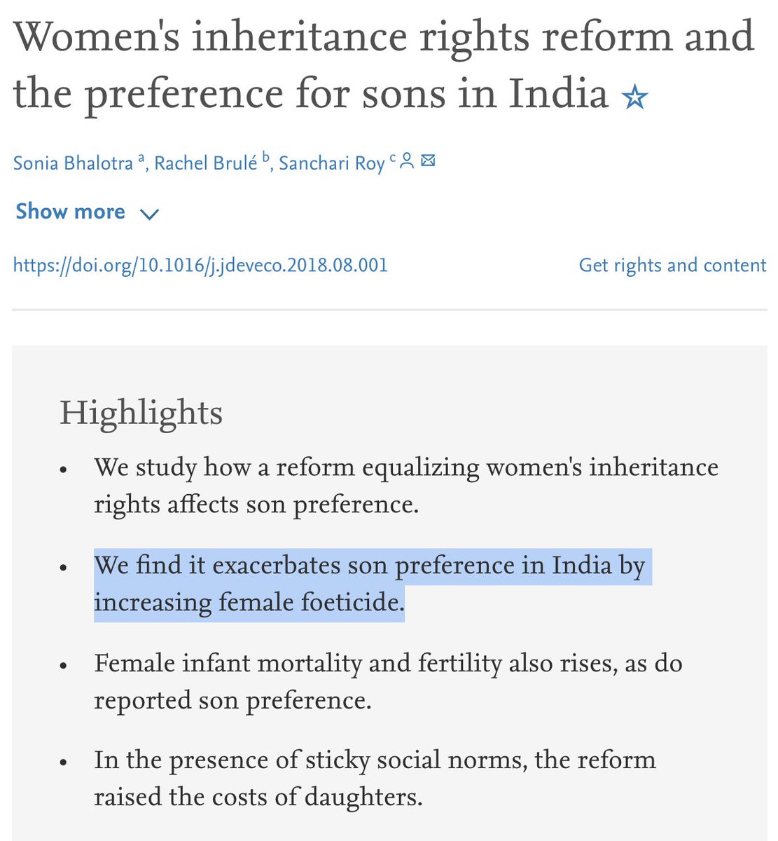 Are inheritance rights bad for women?- More sati in C19 Bengal where widows had property rights- More foeticide & cousin marriage w/ female inheritance in - Islamic inheritance rights, high cousin marriage in MENA, - Women didn't inherit in Europe & LAC so left for work