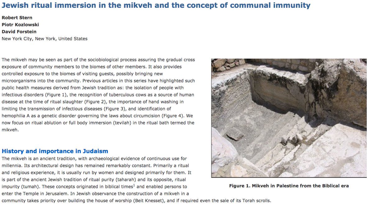 409) To make matters worse, a separate Hektoen International article describes the concept of communal or herd immunity and how the mikveh—a bath used for Jewish ritual immersion—can facilitate this type of “protection.”