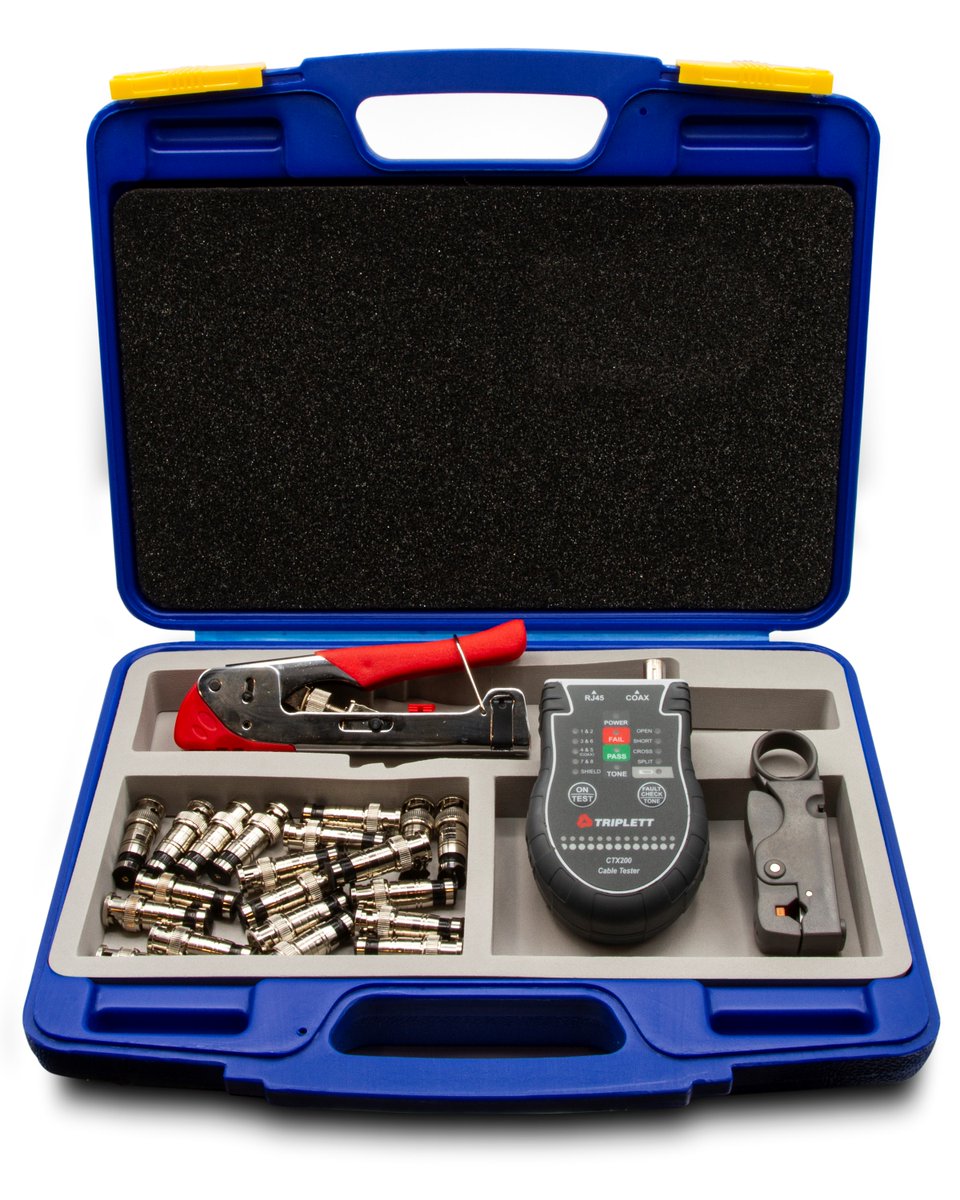 test_tools's tweet image. The GEM Electronics Universal Compression Tool Kit includes fifty 302-00CS Universal BNC connectors, a GWC #wirecutter, a GET-CS00 Universal #CompressionTool, a #CableTester, and the case in which it can be packed up: bit.ly/34zA2MO
