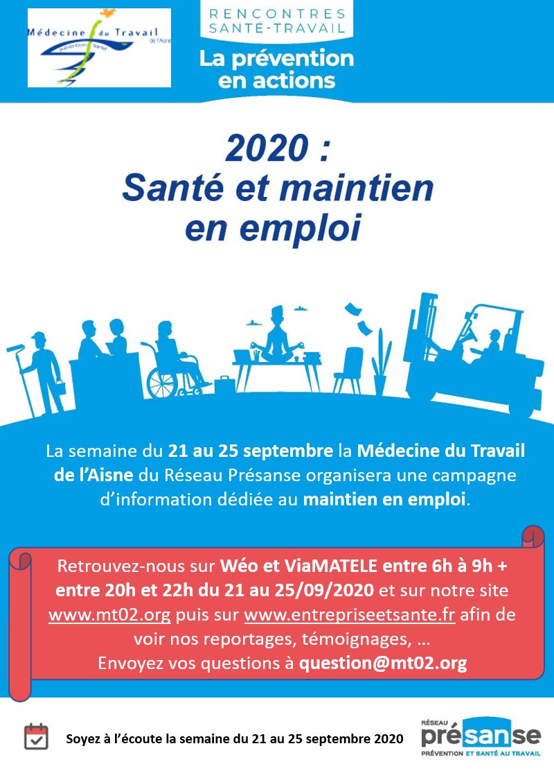 la_mta_02's tweet photo. Dernière journée de diffusions de nos reportages en lien avec la semaine du maintien en emploi..
#maintien_en_emploi #RST2020 #LaPreventionEnActions
@presanse @WEO_TV @viaMATELE @SanteTravailFR https://t.co/7yIB2sNCbm