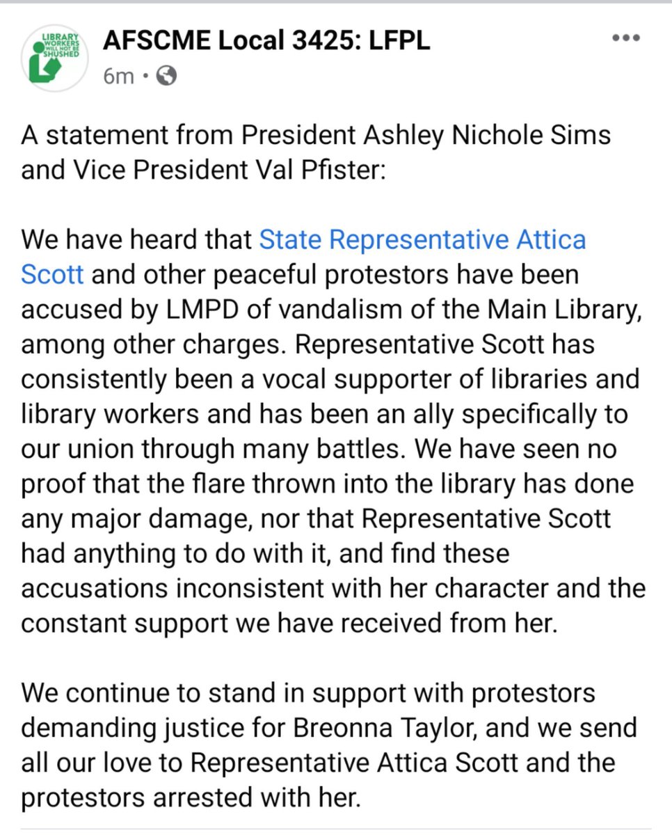 The arrest report alleges that she "caused damage at multiple locations, including setting fire to the Louisville Public Library.”Louisville free Public Library Union issued a statement of support for lawmaker Attica Scott.  #RememberAttica @Booker4KY  https://twitter.com/LFPLUnion/status/1309361090833387520