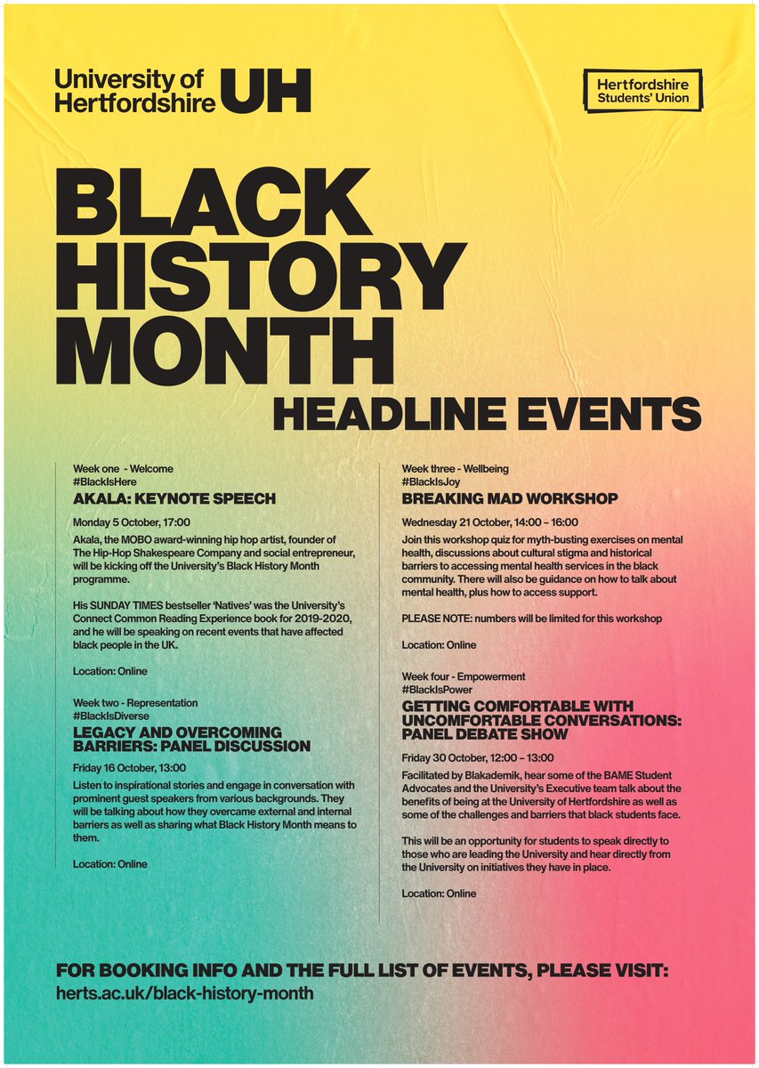 To celebrate Black History Month! The University will be putting on some amazing online events that explore black culture in the UK.
Find out more here: bit.ly/BHM-UH
<a href="/UniofHerts/">University of Hertfordshire</a> @hertssu @UHWidenAccess 
#BlackHistoryMonth #GoHerts
