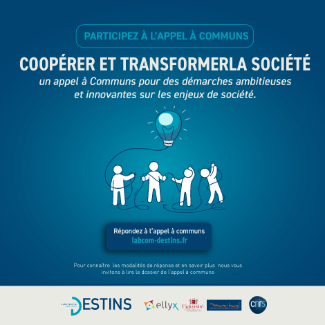 UnivPoitiers's tweet photo. [RECHERCHE]
👉 Coopérez pour transformer la Société
📣 Répondez à l’appel à Communs porté par le LabCom DESTINS de @UnivPoitiers @ScopEllyx @CNRS pour accompagner les démarches collectives ambitieuses de transformation en réponse aux défis sociétaux.
https://t.co/1KMgYSaBsN https://t.co/0NeC4PlckS