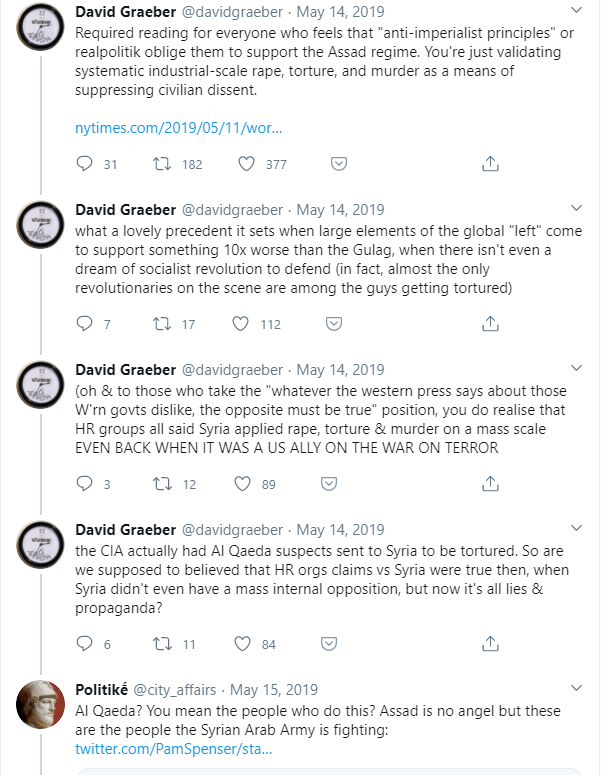 This example is both tragic & funny: Politikḗ, an account with 5K followers, used "Spenser" to troll the late David Graeber, accusing him of being a war-monger, pointing to "Spenser" (*literally* Russian war propaganda) saying "This is not war propaganda. Spot the difference."