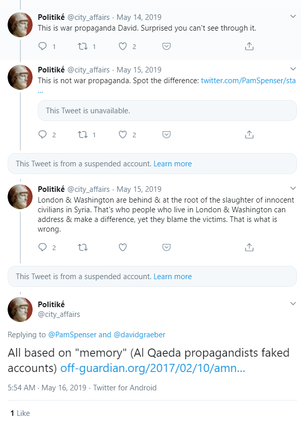 This example is both tragic & funny: Politikḗ, an account with 5K followers, used "Spenser" to troll the late David Graeber, accusing him of being a war-monger, pointing to "Spenser" (*literally* Russian war propaganda) saying "This is not war propaganda. Spot the difference."