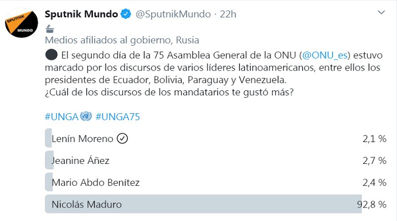 𝒜𝓃𝒶 𝒫𝒶𝑜𝓁𝒶... 🌺👩🌾 (@ana_rogv) on Twitter photo Encuesta Sputnik: Contundente discurso del presidente Maduro en ONU impacta al 93,0 % de los Cibernautas del mundo
<a href="/Ana_RoGV/">𝒜𝓃𝒶 𝒫𝒶𝑜𝓁𝒶... 🌺👩🌾</a>
#VenezuelaGarantíaDeDDHH Encuesta Sputnik: Contundente discurso del presidente Maduro en ONU impacta al 93,0 % de los Cibernautas del mundo
<a href="/Ana_RoGV/">𝒜𝓃𝒶 𝒫𝒶𝑜𝓁𝒶... 🌺👩🌾</a>
#VenezuelaGarantíaDeDDHH