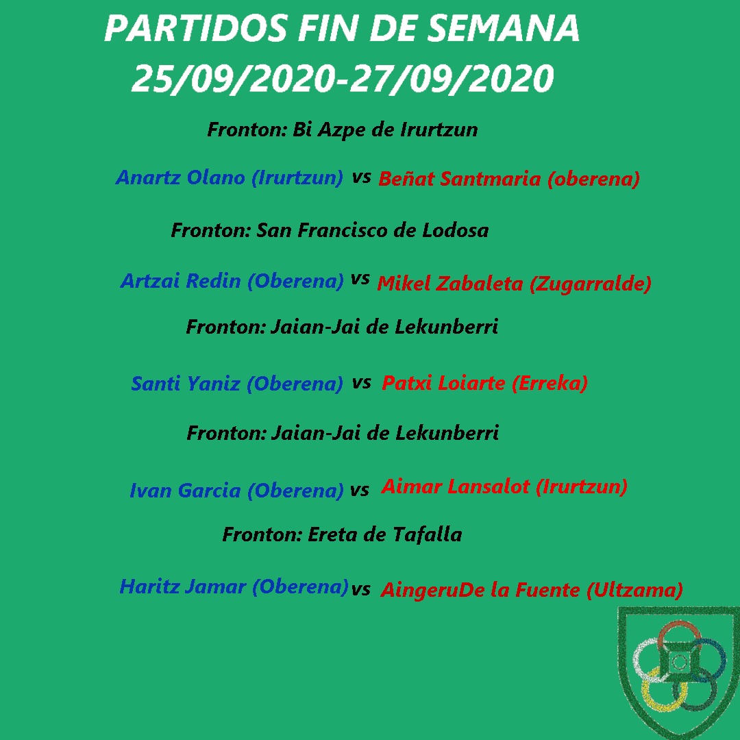 CARTELERA 25/9 - 27/9

Nuestros manistas juegan el Campeonato Navarro Individual Sénior.
▶️ Artzai Redín y Santi Yániz juegan 2a categoría.
▶️ Beñat Santamaria, Iván García y Haritz Jamar lo harán en Primera.