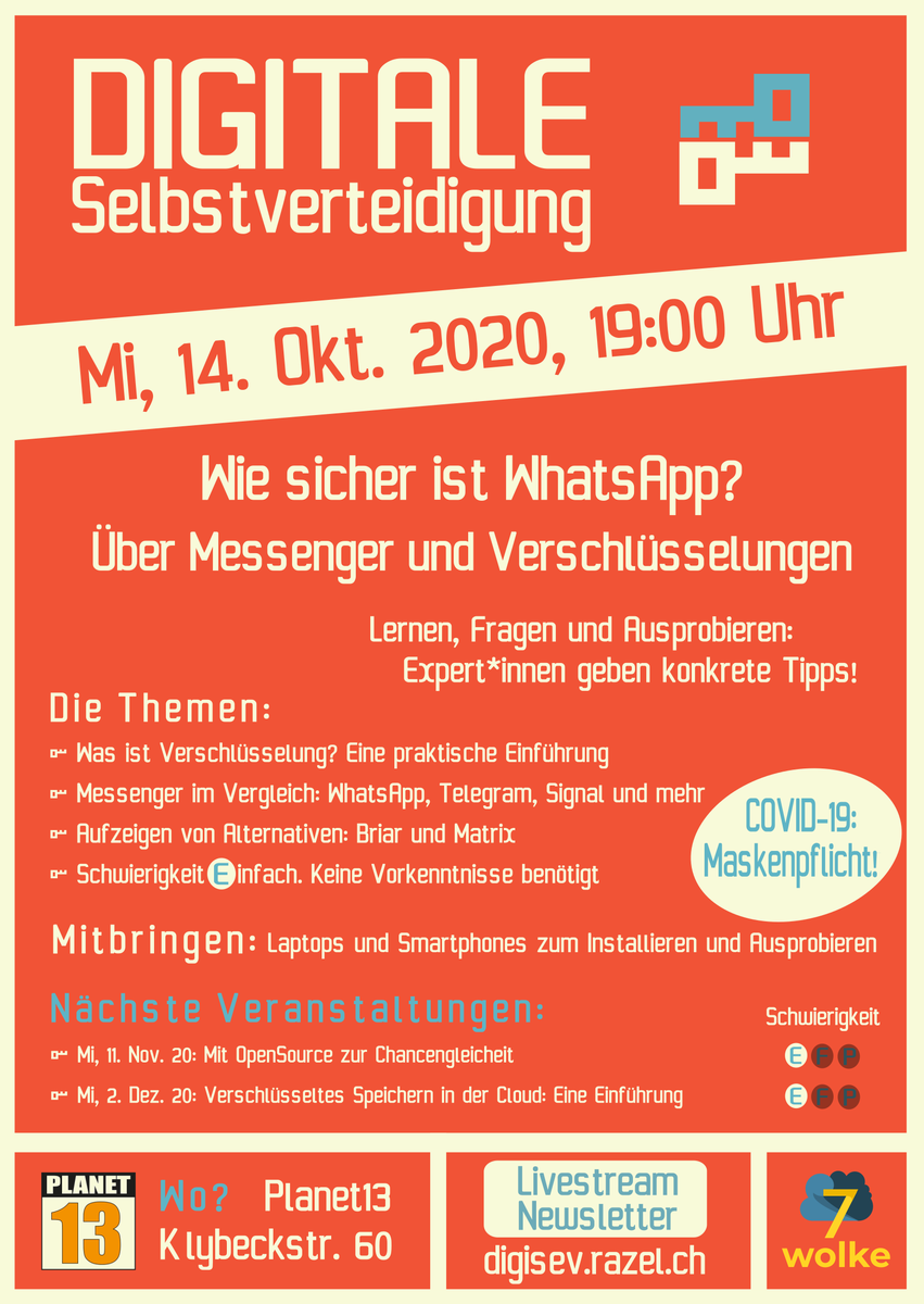 FreifunkBasel's tweet photo. Am 14. Oktober findet die nächste Veranstaltung statt.

https://t.co/LV7N3PR8Xh

#Planet13 #Cryptoparty #Messenger #Basel https://t.co/t2pgVaYZjf