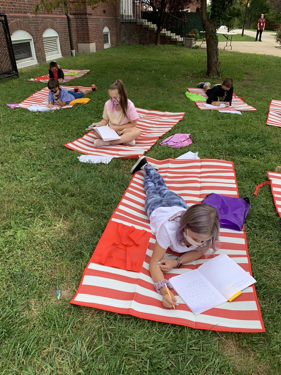 DebNovick's tweet image. Writers’ Workshop outdoor version with our outdoor learning bags. Telling our stories from the inside out!#livinglikewriters