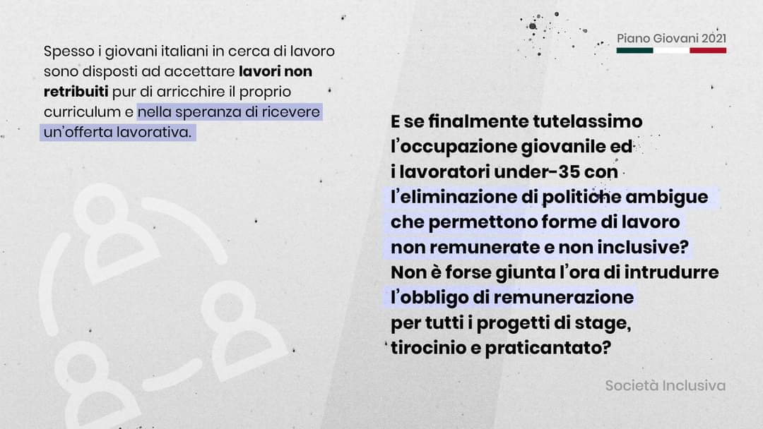 Ventiblog_'s tweet photo. È fondamentale promuovere l’occupazione giovanile e tutelare i lavoratori under-35 con l’eliminazione di politiche ambigue che permettono forme di lavoro non remunerate e non inclusive. Nel #PianoGiovani2021 sono incluse proposte che guardano all'oggi e al domani #ReteGiovani https://t.co/5I0P4q38os