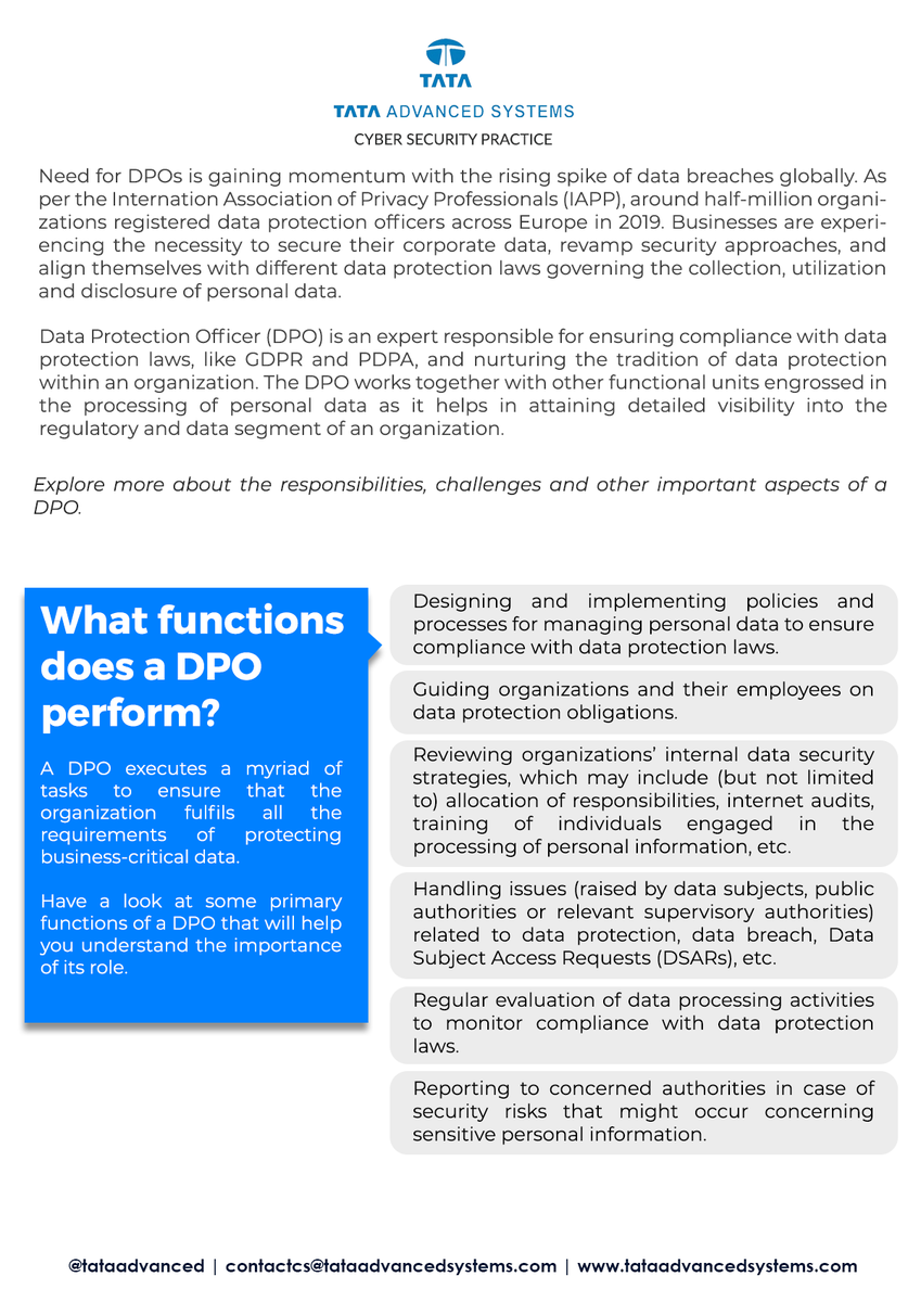 tataadvanced's tweet photo. #Key2Privacy
Uncover how a DPO helps organizations to embrace and nurture data security and privacy, and meet compliance with data protection laws. Write to us: contactcs@tataadvancedsystems.com or visit https://t.co/kJPHqpau7D
#dataprotection #dataprivacy #cybersecurity https://t.co/ythtHhiQiW